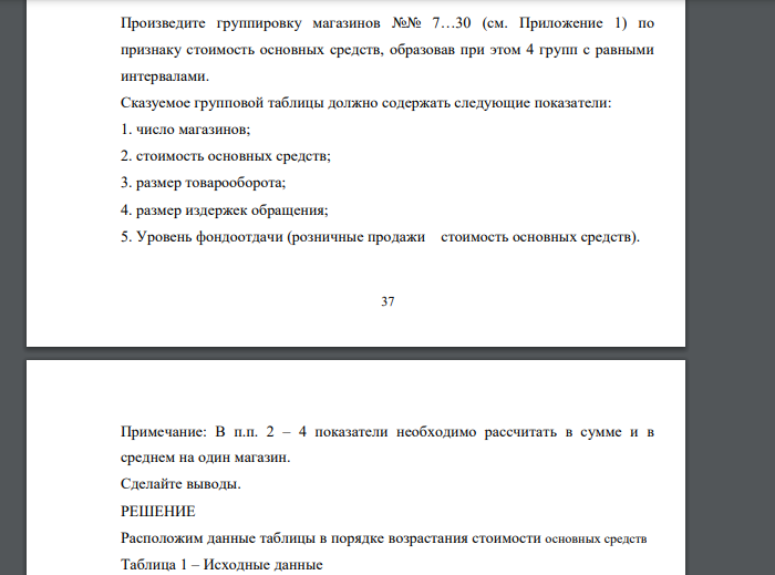 Произведите группировку магазинов №№ 7…30 (см. Приложение 1) по признаку стоимость основных средств, образовав при этом 4 групп