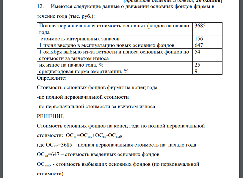 Имеются следующие данные о движении основных фондов фирмы в течение года (тыс. руб.): Полная первоначальная стоимость основных фондов на начало года 3685 стоимость материальных запасов 156 1 июня введено в эксплуатацию