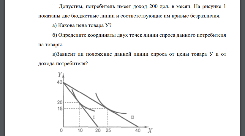 Допустим, потребитель имеет доход 200 дол. в месяц. На рисунке 1 показаны две бюджетные линии и соответствующие им кривые безразличия.