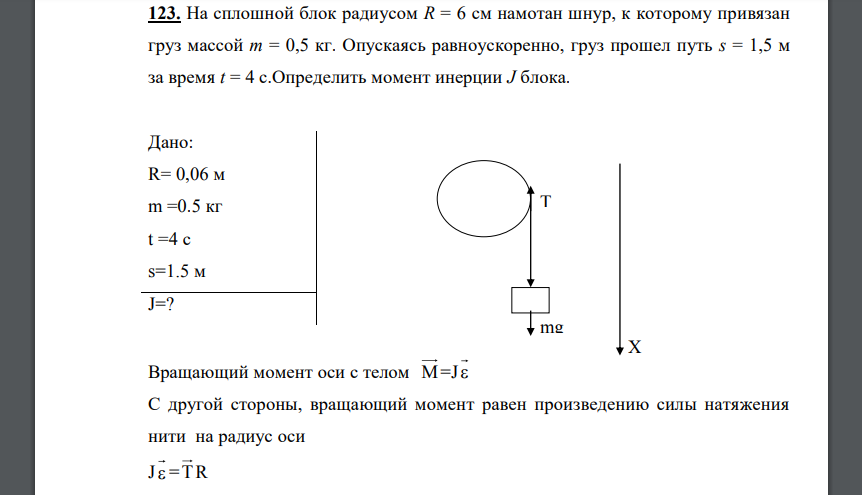 На сплошной блок радиусом R = 6 см намотан шнур, к которому привязан груз массой m = 0,5 кг