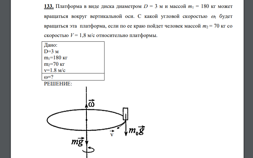 Платформа в виде диска диаметром D = 3 м и массой m1 = 180 кг может вращаться вокруг вертикальной оси