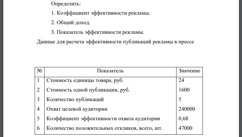 Определить: 1. Коэффициент эффективности рекламы. 2. Общий доход. 3. Показатель эффективности рекламы.