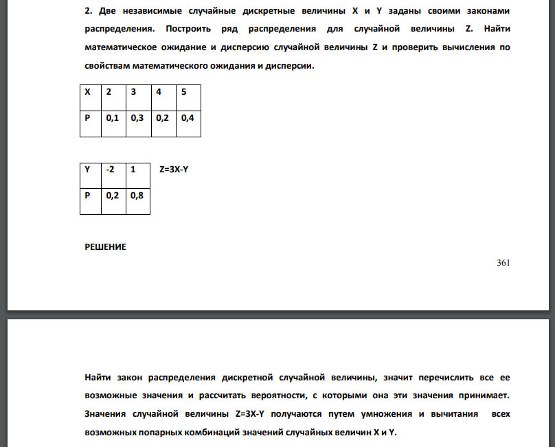 Две независимые случайные дискретные величины X и Y заданы своими законами распределения. Построить ряд распределения для случайной величины Z. Найти
