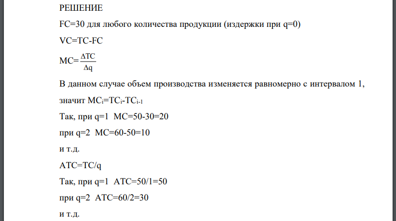 Рассчитайте по таблице издержки: постоянные (FC), переменные (VC), предельные (МС), средние постоянные (AFC), средние переменные (AVC)