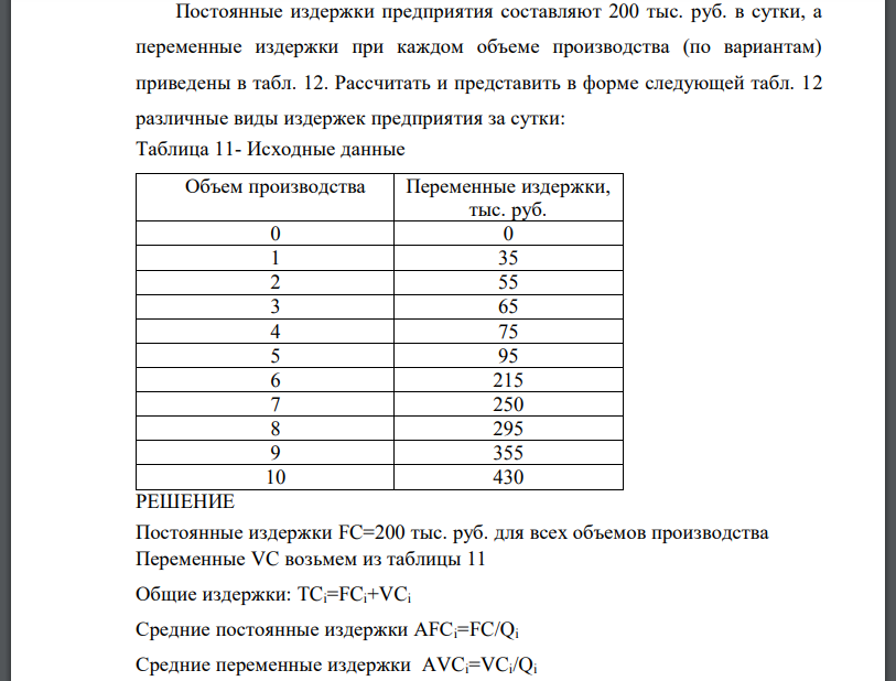 Постоянные издержки предприятия составляют 200 тыс. руб. в сутки, а переменные издержки при каждом объеме производства (по вариантам