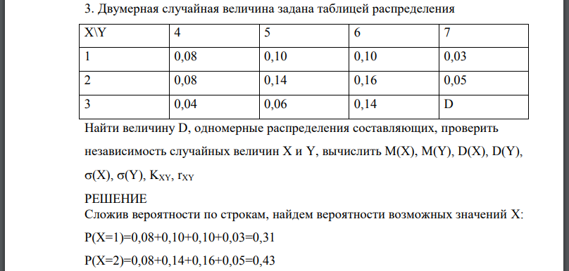 Двумерная случайная величина задана таблицей распределения Найти величину D, одномерные распределения составляющих, проверить