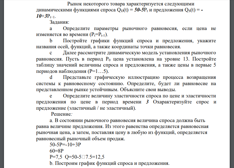 Рынок некоторого товара характеризуется следующими динамическими функциями спроса QD(t) = 50-5Pt и предложения QS(t) = - 10+3Pt−1. Задания: