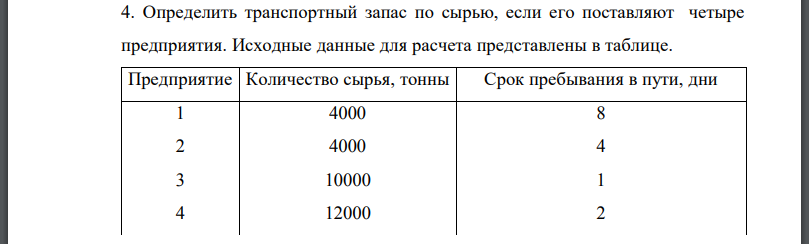 Определить транспортный запас по сырью, если его поставляют четыре предприятия. Исходные данные для расчета представлены в таблице.