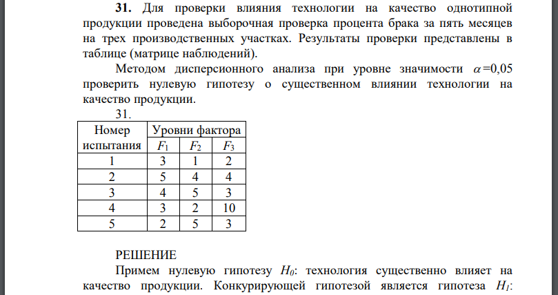 Для проверки влияния технологии на качество однотипной продукции проведена выборочная проверка процента брака за пять месяцев на трех