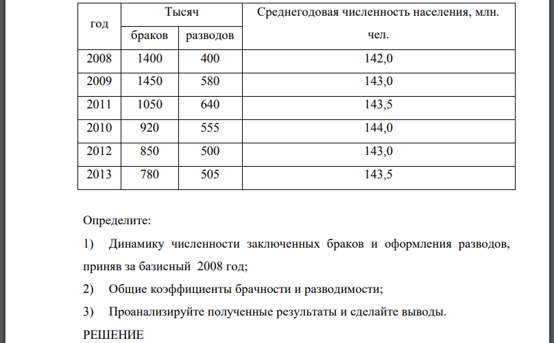 Имеются следующие данные о числе заключенных браков и числе разводов в РФ за ряд лет