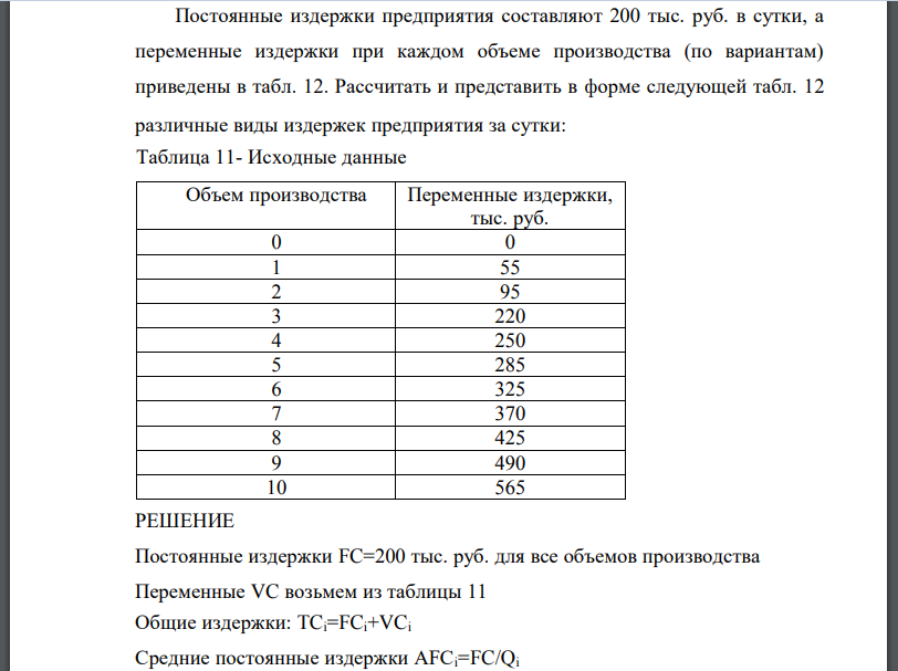 Постоянные издержки предприятия составляют 200 тыс. руб. в сутки, а переменные издержки при каждом объеме производства (по вариантам) приведены