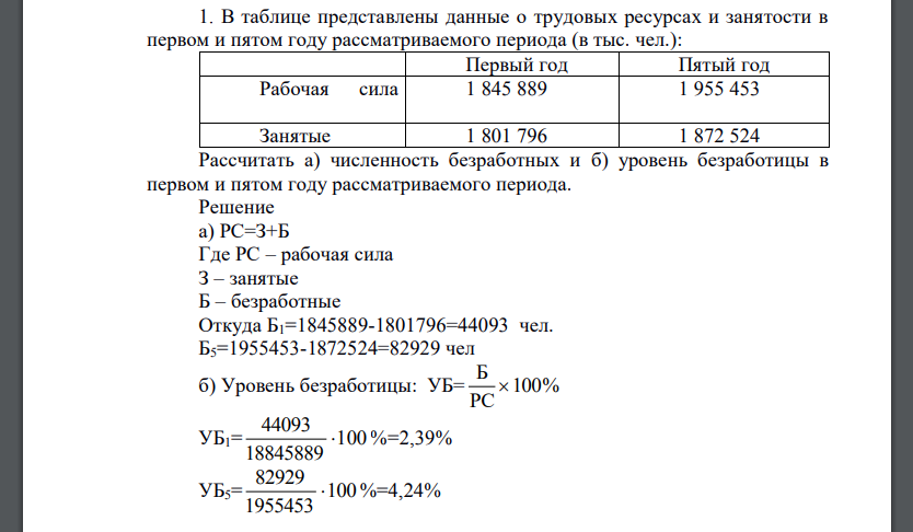 В таблице представлены данные о трудовых ресурсах и занятости в первом и пятом году рассматриваемого периода (в тыс. чел