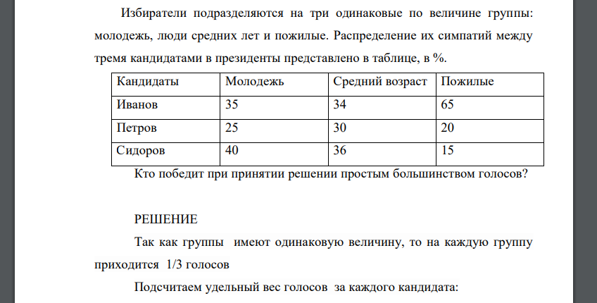 Избиратели подразделяются на три одинаковые по величине группы: молодежь, люди средних лет и пожилые. Распределение их симпатий между тремя