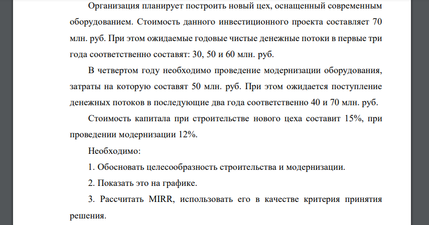 Организация планирует построить новый цех, оснащенный современным оборудованием. Стоимость данного инвестиционного проекта составляет 70 млн. руб. При этом