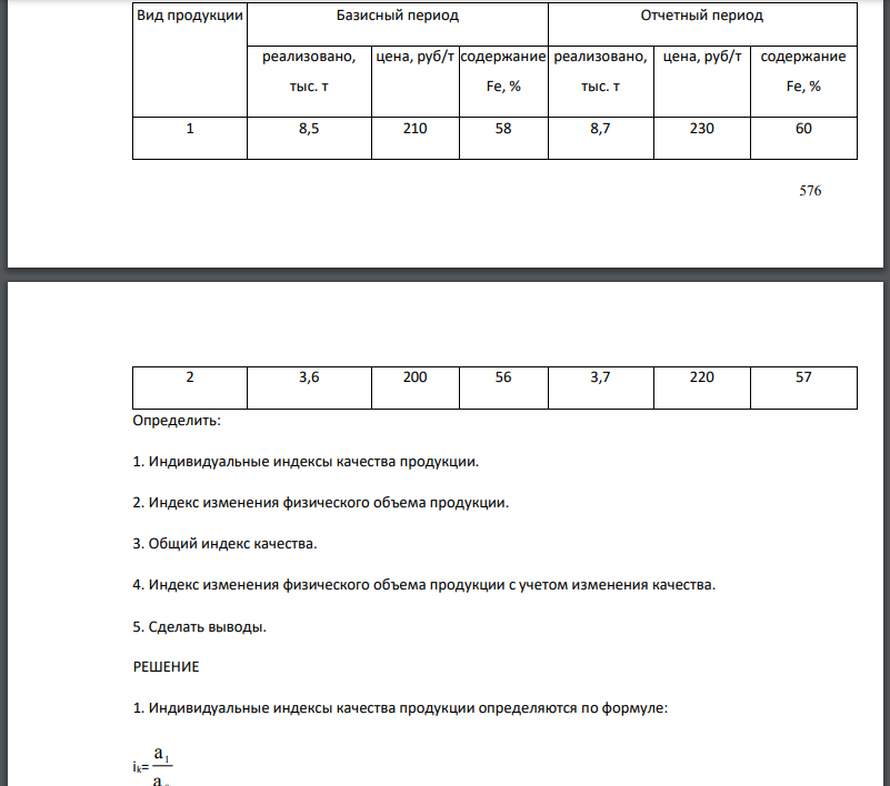 Определить: 1. Индивидуальные индексы качества продукции. 2. Индекс изменения физического объема продукции.