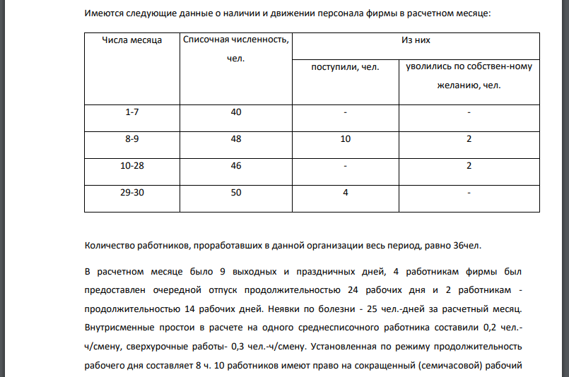 Имеются следующие данные о наличии и движении персонала фирмы в расчетном месяце: