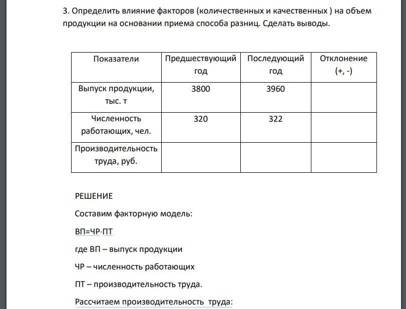 Определить влияние факторов (количественных и качественных ) на объем продукции на основании приема способа разниц. Сделать выводы.