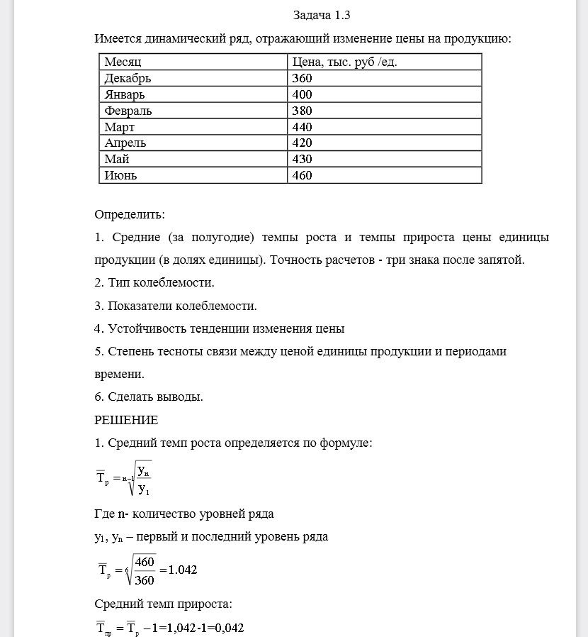 Определить: 1. Средние (за полугодие) темпы роста и темпы прироста цены единицы продукции (в долях единицы). Точность расчетов -три знака