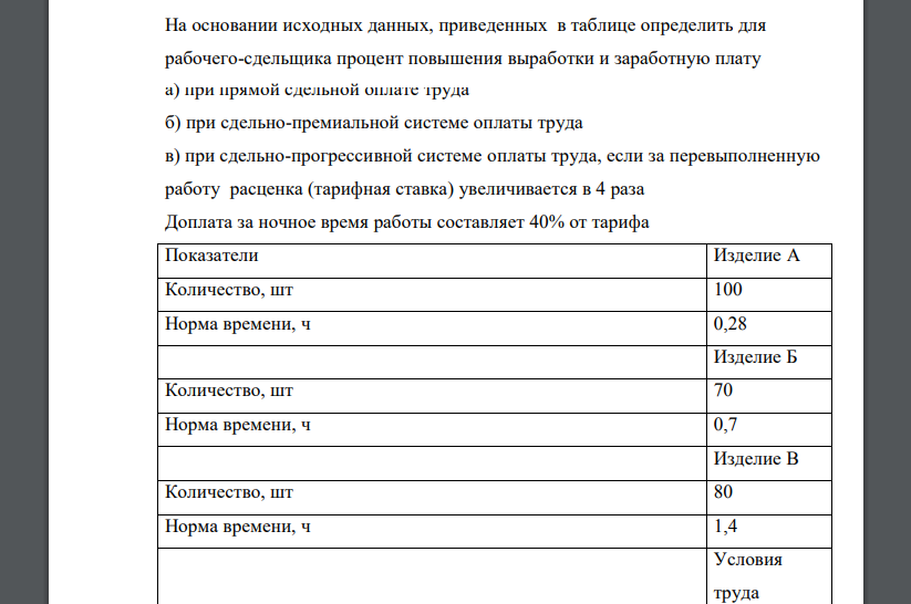 На основании исходных данных, приведенных в таблице определить для рабочего-сдельщика процент повышения выработки