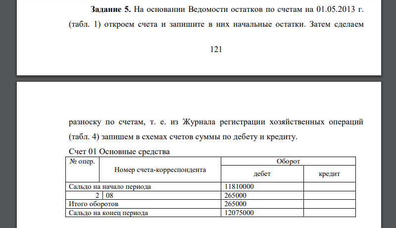 На основании Ведомости остатков по счетам на 01.05.2013 г. (табл. 1) откроем счета и запишите в них начальные остатки