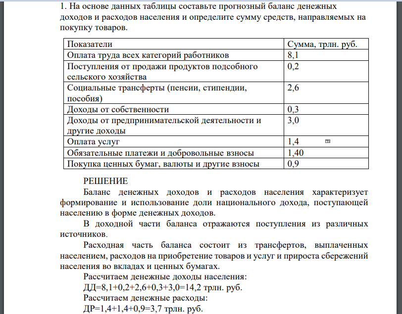 На основе данных таблицы составьте прогнозный баланс денежных доходов и расходов населения и определите сумму средств, направляемых