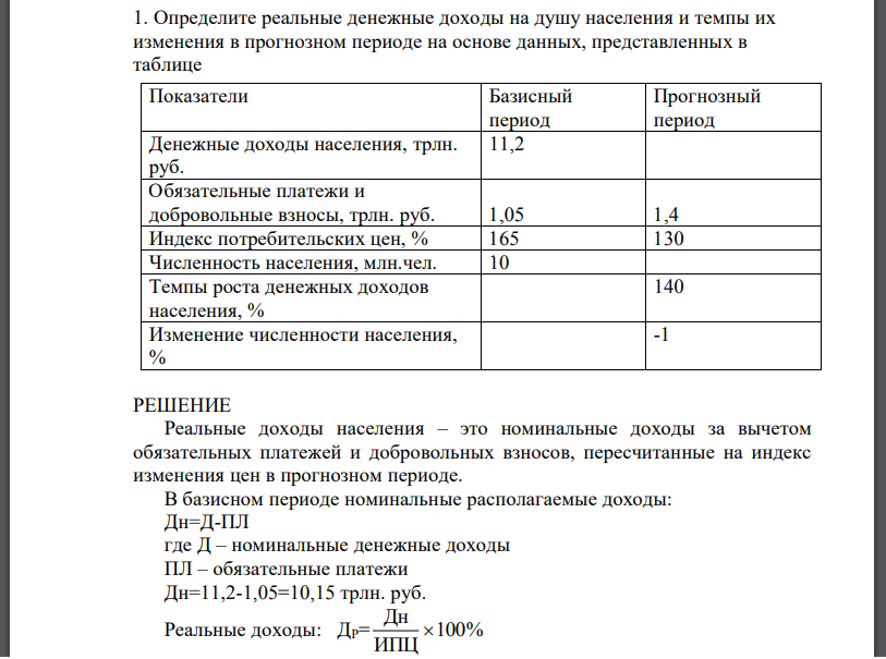 Определите реальные денежные доходы на душу населения и темпы их изменения в прогнозном периоде на основе данных