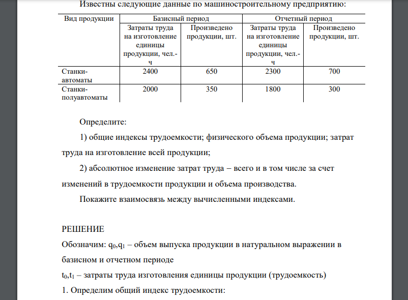 Известны следующие данные по машиностроительному предприятию: Вид продукции Базисный период