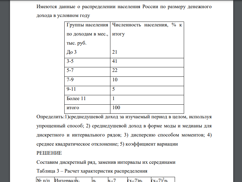 Имеются данные о распределении населения России по размеру денежного дохода в условном году