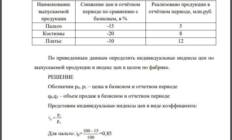 По приведенным данным определить индивидуальные индексы цен по выпускаемой продукции и индекс цен в целом по фабрике.