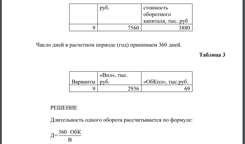 Годовая плановая выручка от реализации продукции установлена в сумме «Впл», тыс. руб.Норматив оборотных средств запланирован в сумме «ОбКпл»,