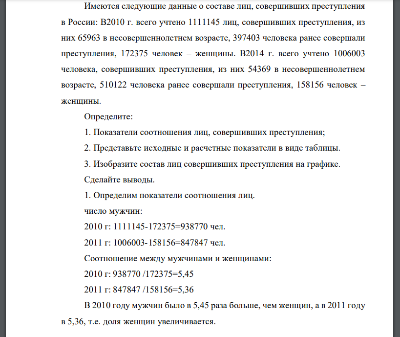 Имеются следующие данные о составе лиц, совершивших преступления в России: В2010 г. всего учтено 1111145 лиц, совершивших преступления, из них 65963 в несовершеннолетнем возрасте, 397403 человека ранее совершали