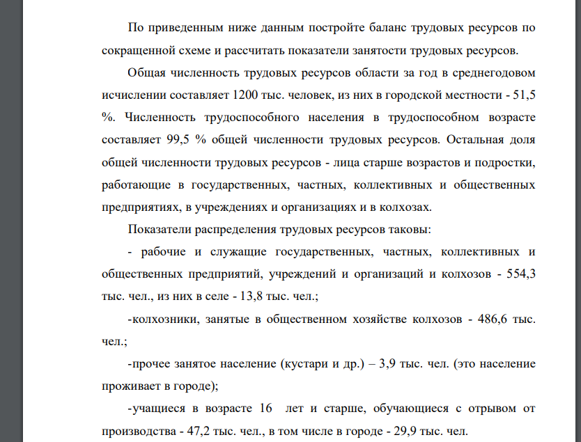 По приведенным ниже данным постройте баланс трудовых ресурсов по сокращенной схеме и рассчитать показатели занятости трудовых ресурсов. Общая численность трудовых ресурсов области за год в среднегодовом