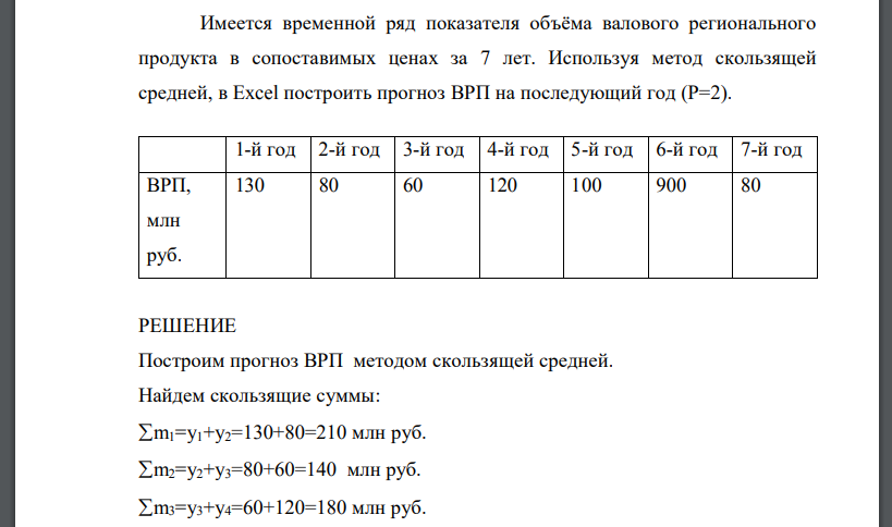 Имеется временной ряд показателя объёма валового регионального продукта в сопоставимых ценах за 7 лет. Используя метод