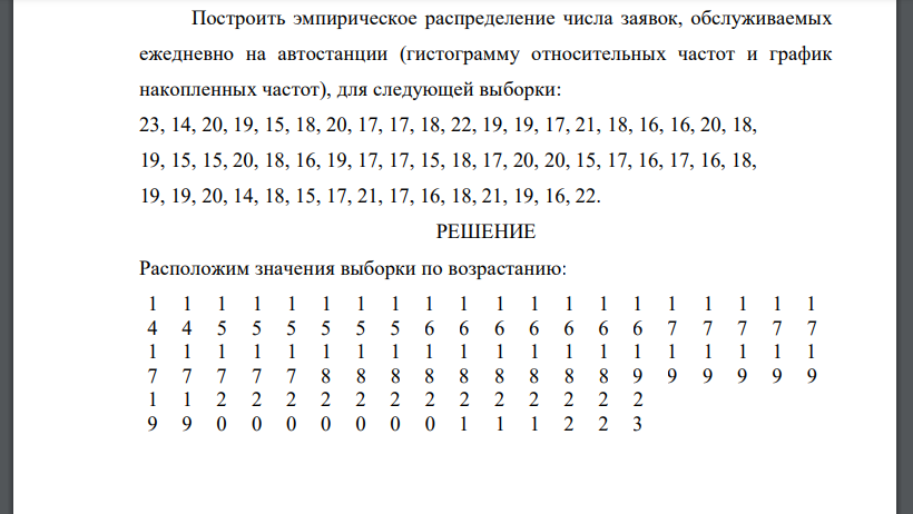 Построить эмпирическое распределение числа заявок, обслуживаемых ежедневно на автостанции (гистограмму относительных частот и график накопленных частот), для следующей выборки