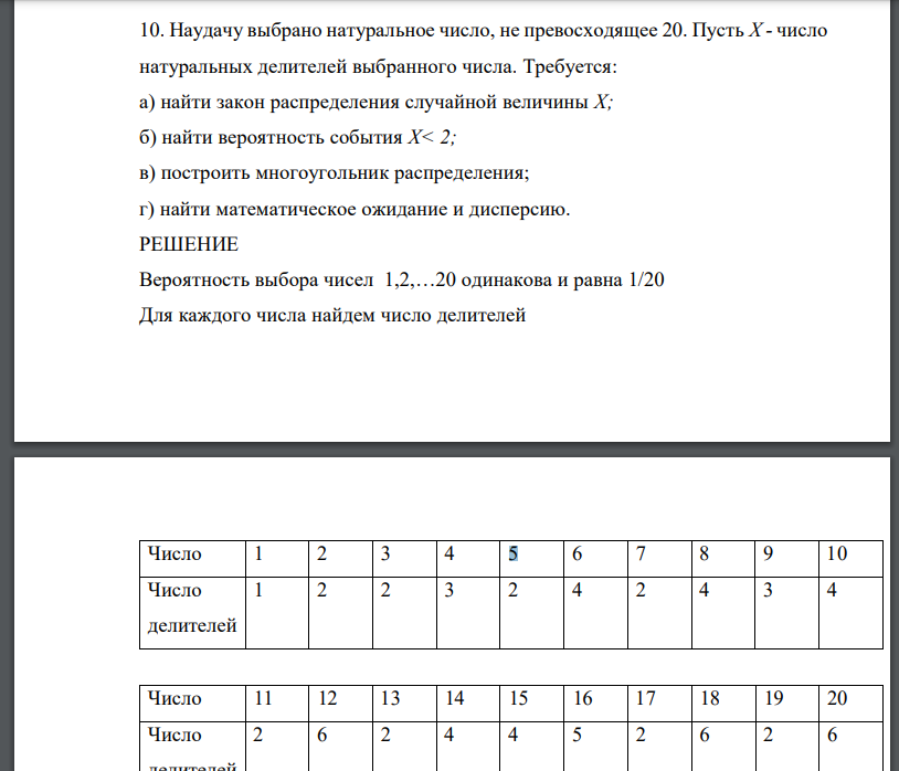 Наудачу выбрано натуральное число, не превосходящее 20. Пусть Х - число натуральных делителей выбранного числа. Требуется: а) найти закон распределения случайной величины X; б) найти вероятность события