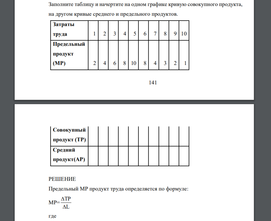 Заполните таблицу и начертите на одном графике кривую совокупного продукта, на другом кривые среднего и предельного продуктов. Затраты труда 1 2 3 4 5 6 7 8 9 10 Предельный