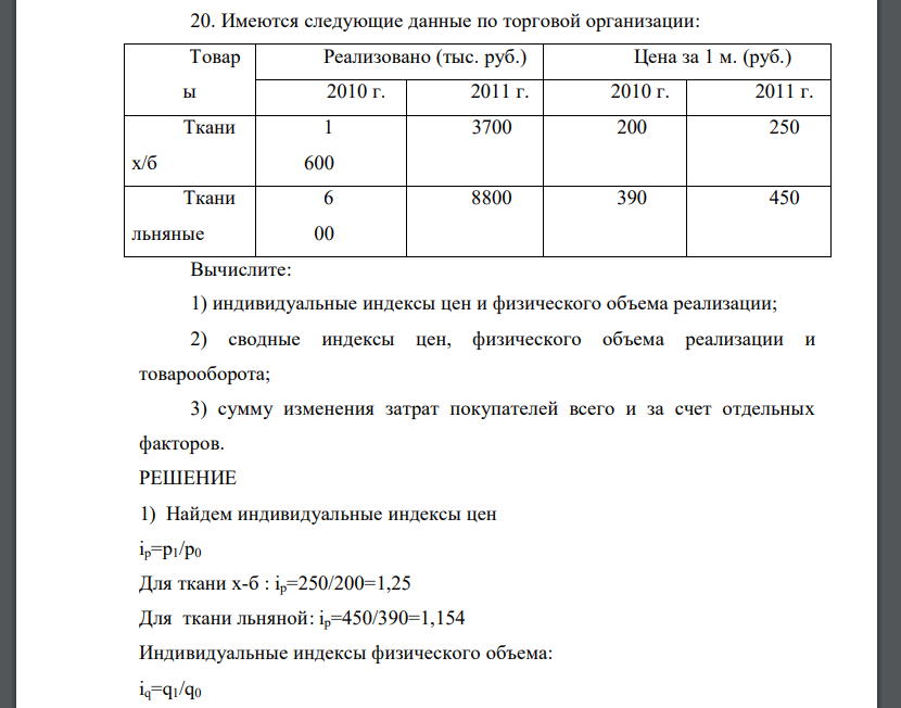 Имеются следующие данные по торговой организации: Товар ы Реализовано (тыс. руб.) Цена за 1 м. (руб.) 2010 г. 2011 г. 2010 г. 2011 г. Ткани х/б 1 600 3700 200 250 Ткани льняные 6 00 8800 390 450 Вычислите: 1) индивидуальные индексы цен и