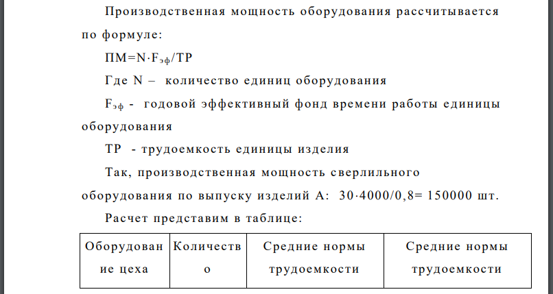 Рассчитать производственную мощность цеха по выпуску изделий А, Б, В. Годовой эффективный фонд времени работы единицы оборудования - 4000 часов.