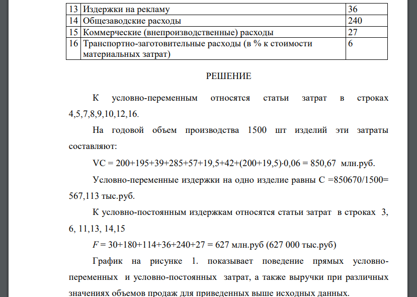 Определить точку безубыточности и построить график по исходным данным таблицы 16. Проанализировать действие операционного рычага в случаях