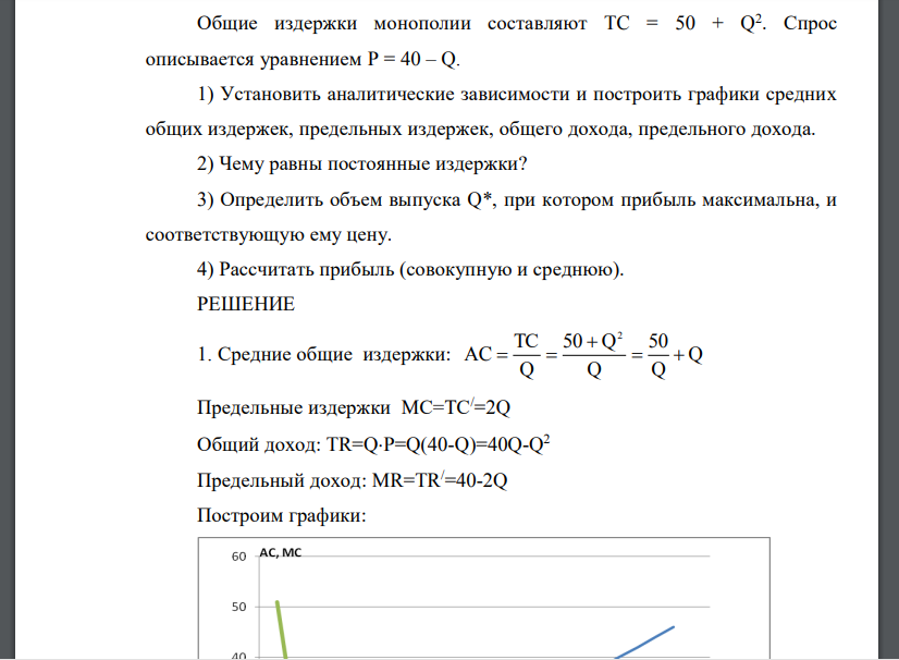 Общие издержки монополии составляют TC = 50 + Q 2 . Спрос описывается уравнением P = 40 – Q. 1) Установить аналитические зависимости