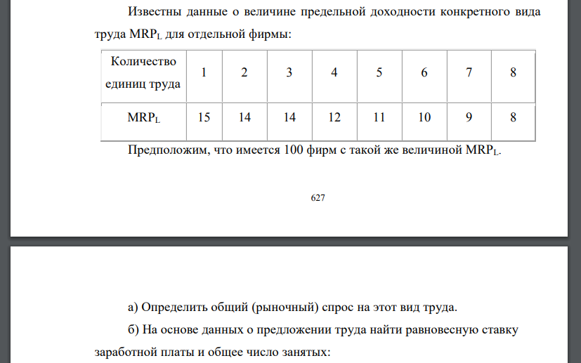 Известны данные о величине предельной доходности конкретного вида труда MRPL для отдельной фирмы:  Предположим