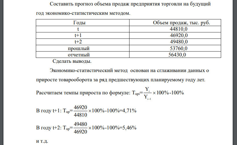 Составить прогноз объема продаж предприятия торговли на будущий год экономико-статистическим методом. Годы Объем продаж