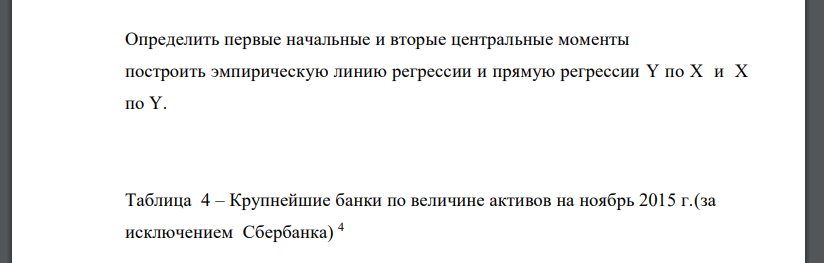 Определить первые начальные и вторые центральные моменты построить эмпирическую линию регрессии и прямую регрессии Y по X и X по Y. Таблица 4 – Крупнейшие банки по величине активов на ноябрь 2015 г