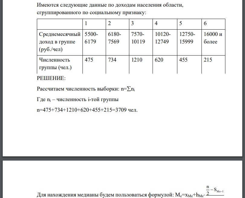 Имеются следующие данные по доходам населения области, сгруппированного по социальному признаку: 1 2 3 4 5 6 Среднемесячный доход в группе (руб./чел) 5500- 6179 6180- 7569 7570- 10119 10120- 12749 12750- 15999 16000 и более Численность