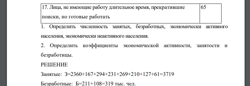 Определить численность занятых, безработных, экономически активного населения, экономически неактивного населения. 2. Определить коэффициенты экономической активности, занятости и безработицы.Показатель