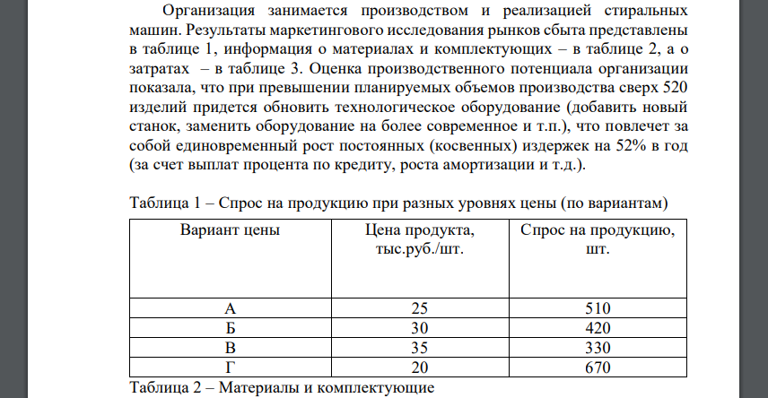 Рассчитать постоянные и переменные затраты. Определить точку безубыточности при разных уровнях отпускных цен на продукт (таблица 1) аналитически и графически