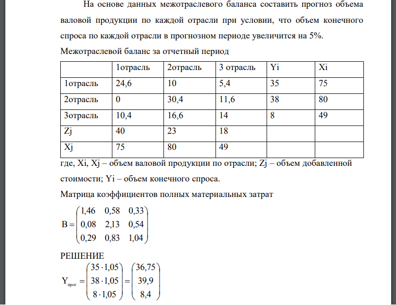 На основе данных межотраслевого баланса составить прогноз объема валовой продукции по каждой отрасли при условии, что