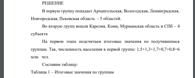 Необходимо построить групповую таблицу, выделив группы территорий со среднедушевым ежемесячным доходом: «до 1,500 тыс. руб.»; «1,500 тыс. руб. и более». В сказуемом рассчитать число территорий, в т.ч., в % к итогу, показатели