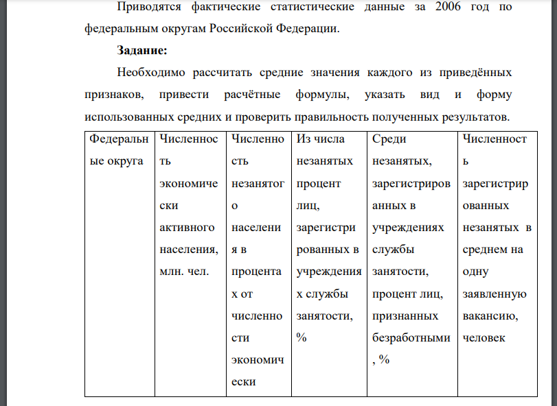 Приводятся фактические статистические данные за 2006 год по федеральным округам Российской Федерации. Задание: Необходимо рассчитать средние значения каждого из приведённых признаков, привести расчётные формулы