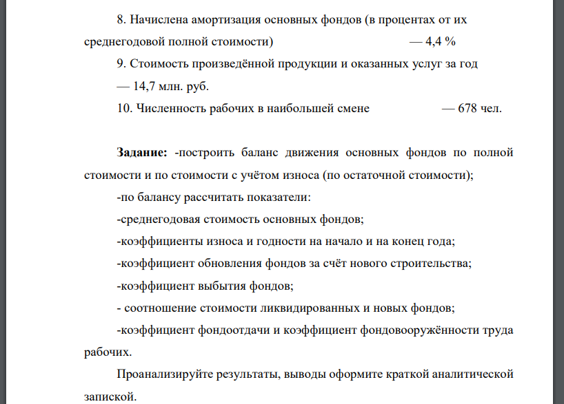 Приводятся данные о наличии и движении основных фондов предприятия за год. 1. Полная первоначальная стоимость основных фондов на начало года — 120,0 млн. руб. 2. Износ основных фондов на начало года —42,0 млн. руб. 3. Приобретено основных фондов